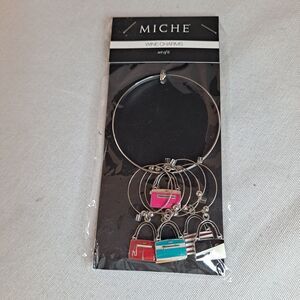 Miche Wine Charms Set of 6 Silvertone Rings with Painted Enamel Purse Designs